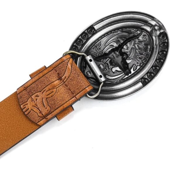 Women\'s Western Cowboy Belt PU Leather Longhorn Bull Turquoise Embossed Buckle main image 4